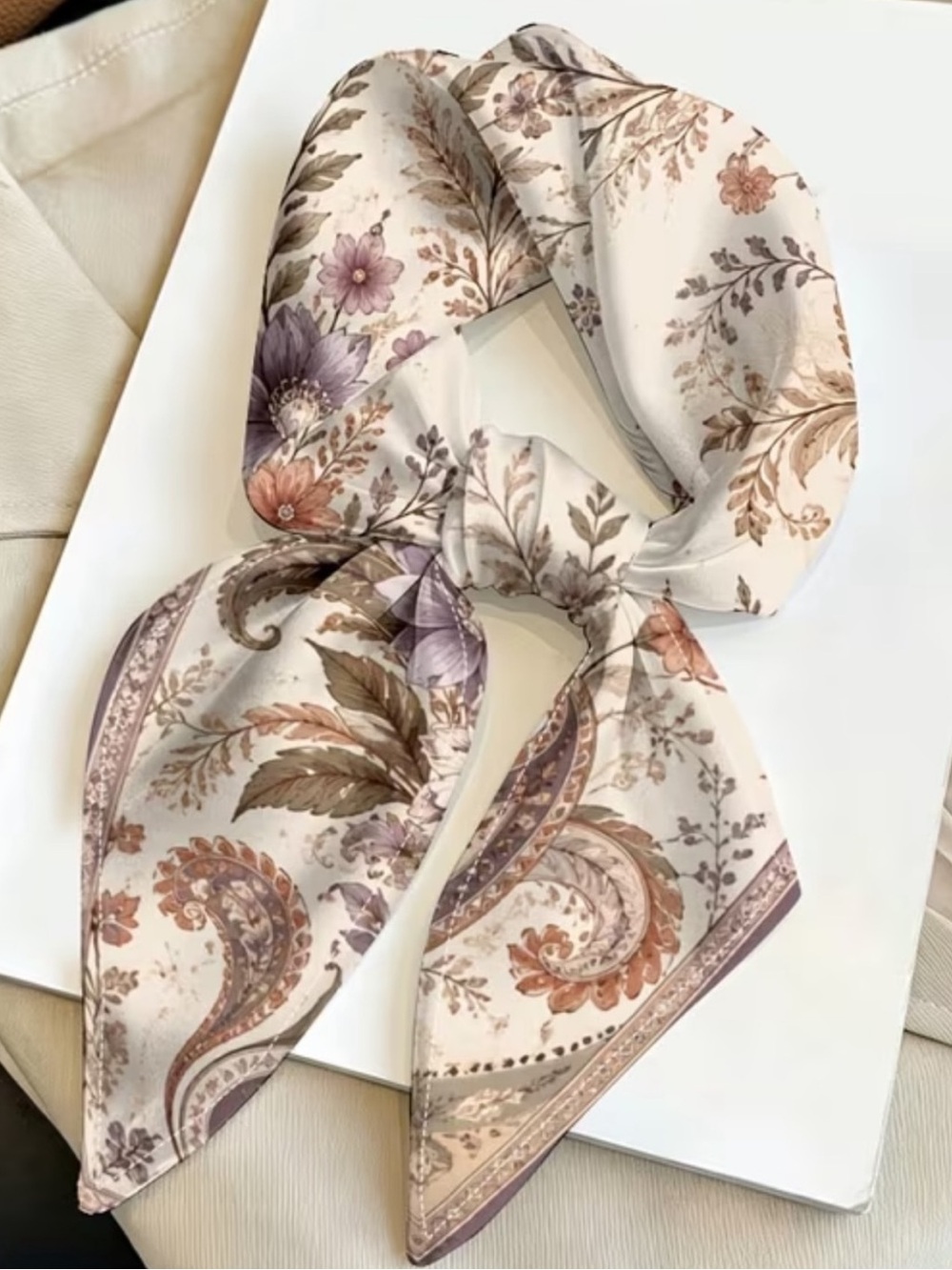 Floral Paisley Silk-Feel Scarf in Cream and Lavender 19”